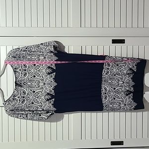 BCBG Max Azria dress, size XS, navy blue with white lacy print, dolman sleeves